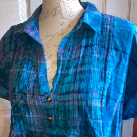 Lucky Brand Short Sleeve Babydoll Tunic Top Blue Tie Dye Lightweight sz Medium - Picture 5 of 10